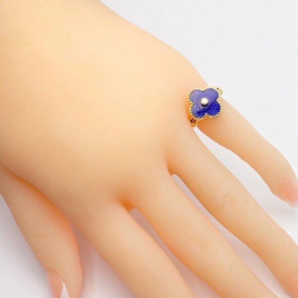 Van Cleef & Arpels Alhambra 18k Yellow Gold Lapis Lazuli Diamond Ring Sz 4 - Picture 11 of 14